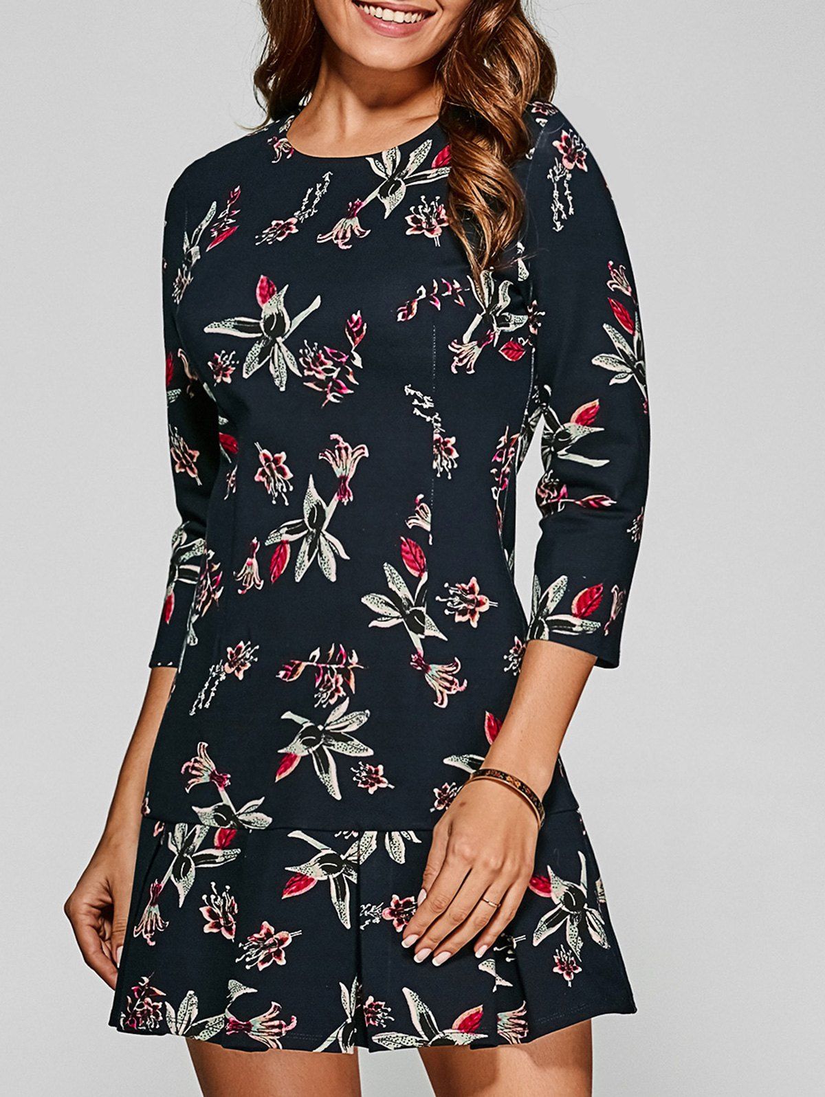 

3/4 Sleeves Floral Print Pleated Dress, Purplish blue