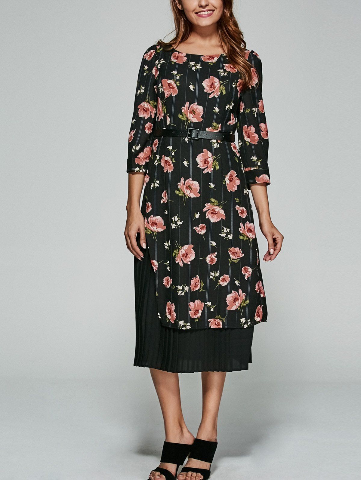 

Floral Print Chiffon Patchwork Belted Dress, Black