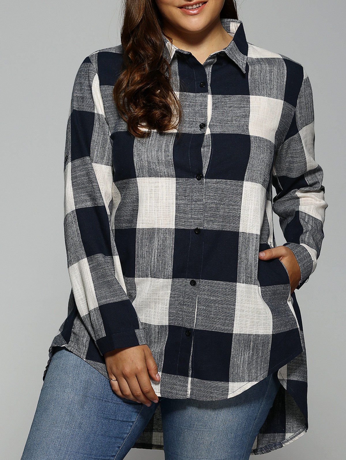 

Plus Size Plaid Asymmetrical Shirt, Purplish blue