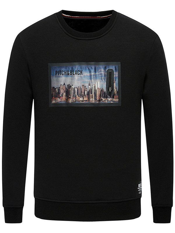

Crew Neck Building Printed Fleece Sweatshirt, Black