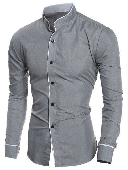 

Long Sleeve Edging Grandad Collar Shirt, Gray