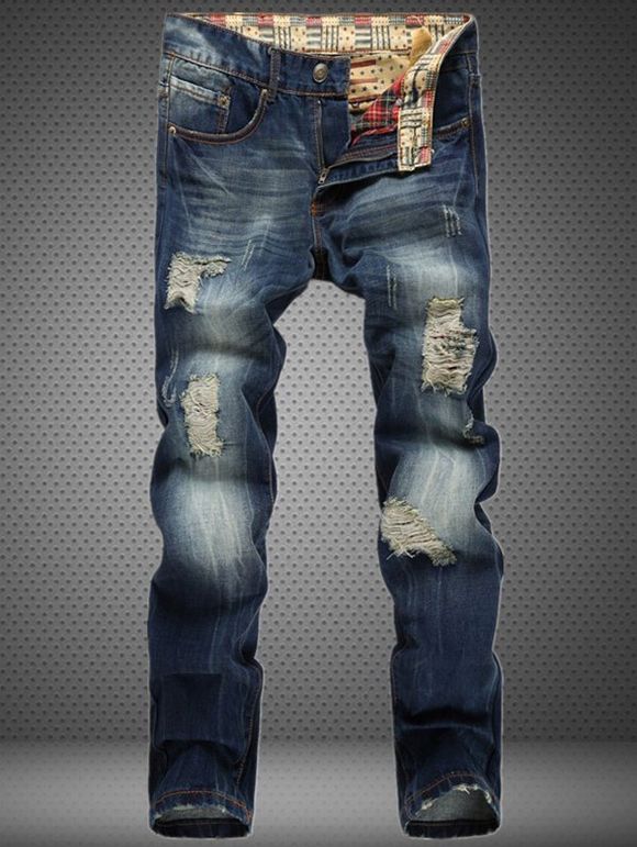 Coton + Jeans Holes design Bleach Pants Wash Zipper Fly Denim - Bleu 32
