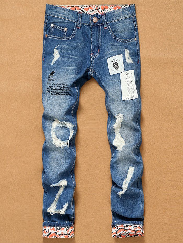 

Printed Crimping Appliques Holes Zipper Fly Straight Leg Jeans, Light blue