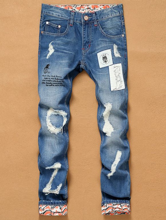 Imprimés Sertissage Appliques Holes Zipper Fly Straight Leg Jeans - Bleu clair 38