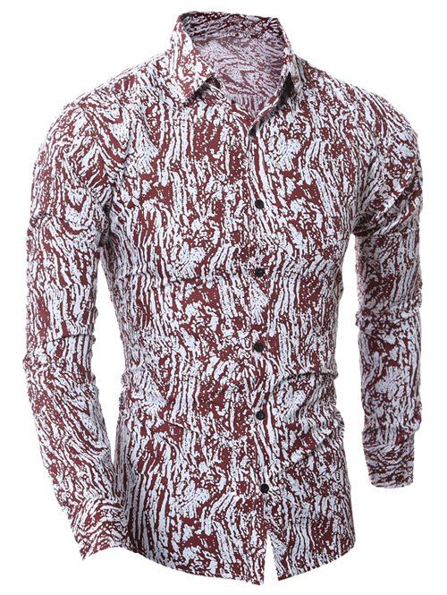 

Turn-Down Collar Camouflage Printed Shirt, Wine red