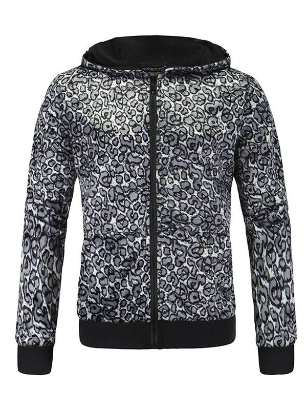 

Leopard Print Zip Up Long Sleeve Hoodie, Gray