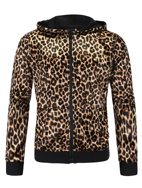 

Leopard Print Zip Up Long Sleeve Hoodie, Golden