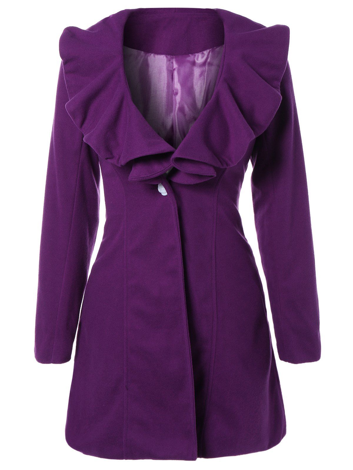 

High Waist Flounce Single Breasted Wool Blend Coat, Purple