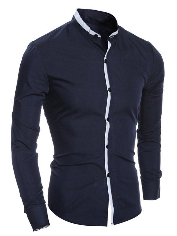 

Long Sleeve Color Block Edging Grandad Collar Shirt, Cadetblue