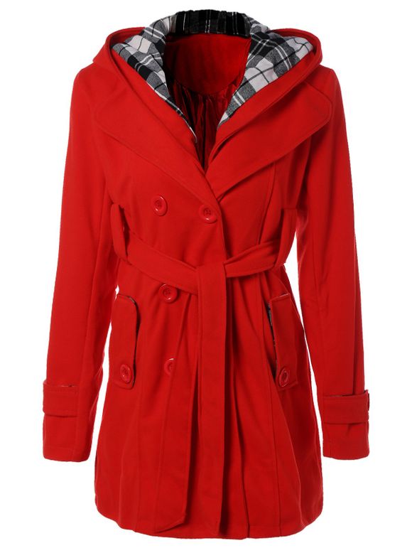 Belted capuche en laine mélangée Manteau - Rouge L