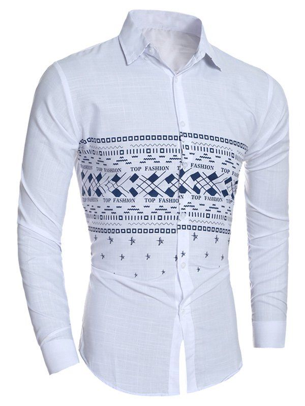 

Turn-Down Collar Star and Geometric Printed Shirt, White