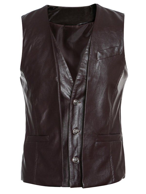 

Faux Twinset Single-Breasted V-Neck PU-Leather Wasitcoat, Deep brown