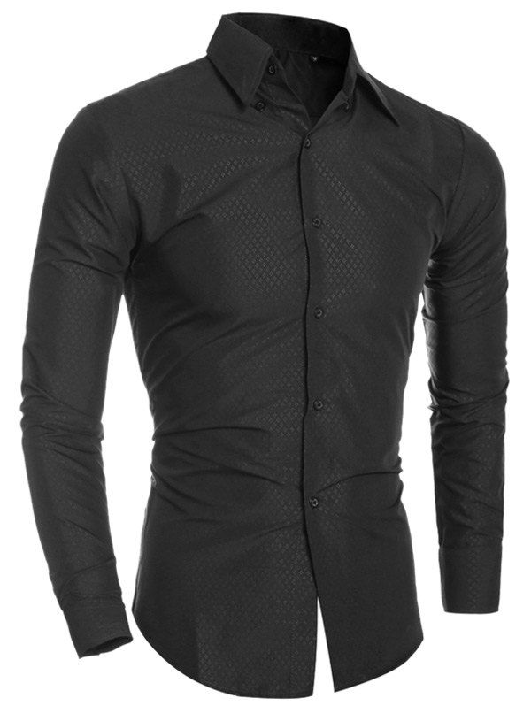 

Turn-Down Collar Rhombic Pattern Design Shirt, Black