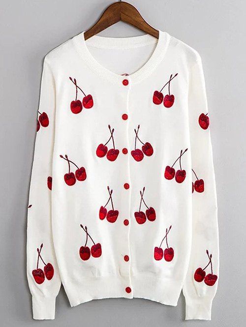 

Cherry Embroidered Buttoned Cute Plus Size Cardigan, White