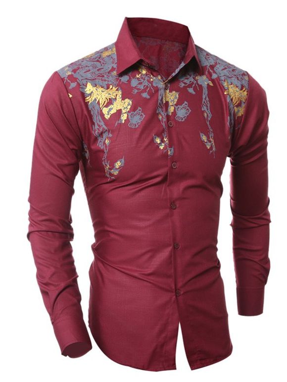 Col rabattu or Floral Design Pattern Shirt - Rouge vineux M