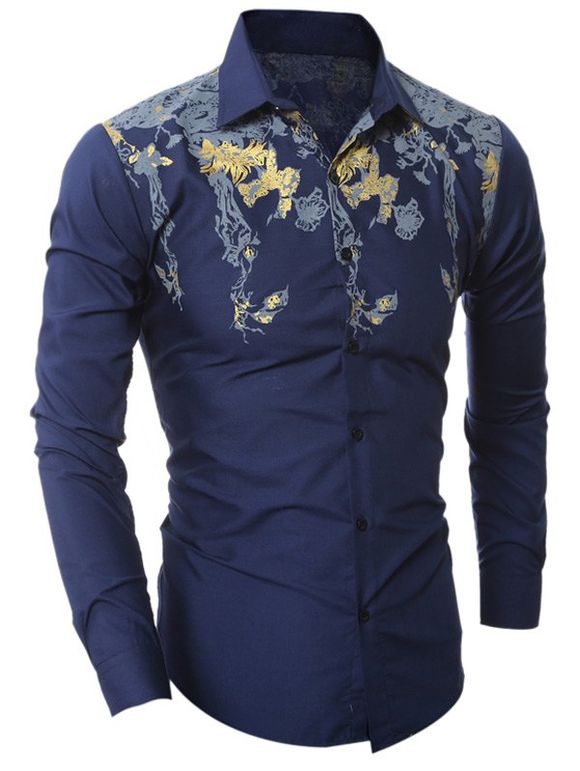 Col rabattu or Floral Design Pattern Shirt - Cadetblue 2XL