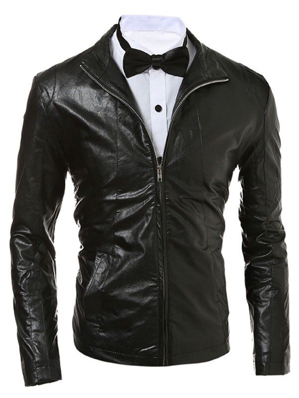 

Zip Up Stand Collar Faux Leather Jacket, Black