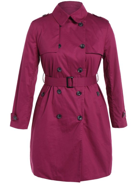 Plus Size Double-breasted Coat Tie-taille Trench - Rouge Rose 2XL