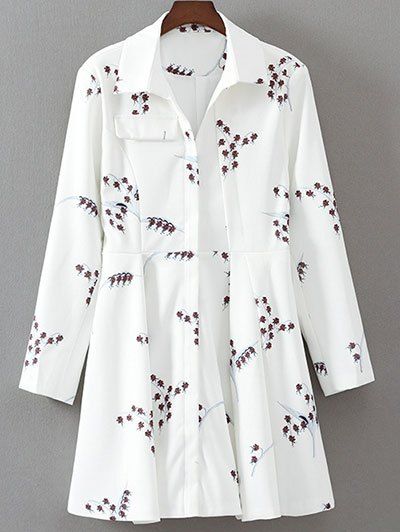 

Long Sleeve Printed Flared Dress, White