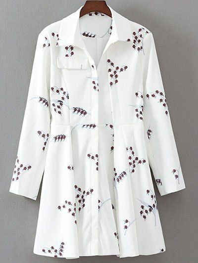 Long Sleeve Printed Robe évasée - Blanc M