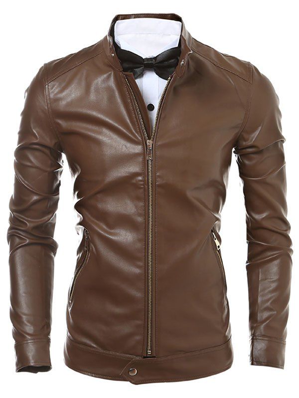 

Faux Leather Slim Fit Zip Up Jacket, Brown