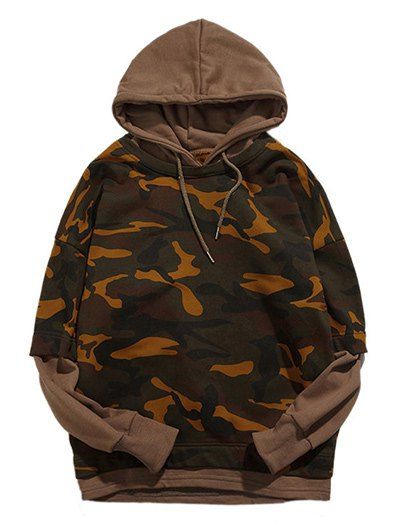 

Long Sleeve Camouflage Pattern Faux Twinset Hoodie, Dark khaki