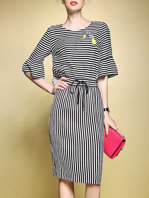 

Stripe Bell Sleeve Drawstring Midi Dress, Black
