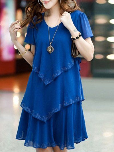 Chic Short Sleeve Pure Color Scoop Neck Dress - Bleu L