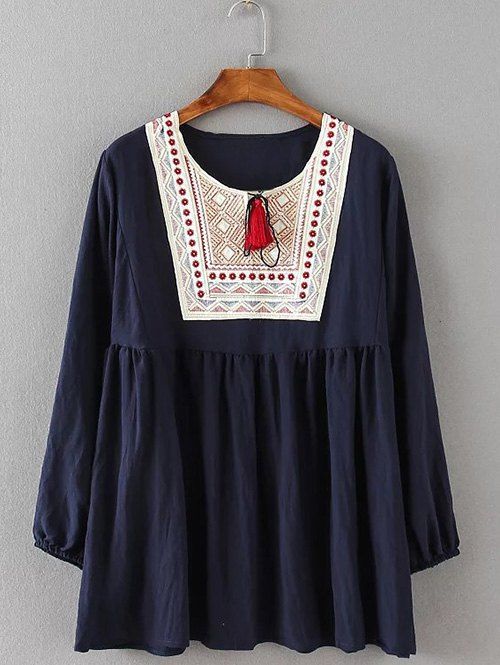 

Tribal Embroidered Tasseled Flounced Blouse, Purplish blue