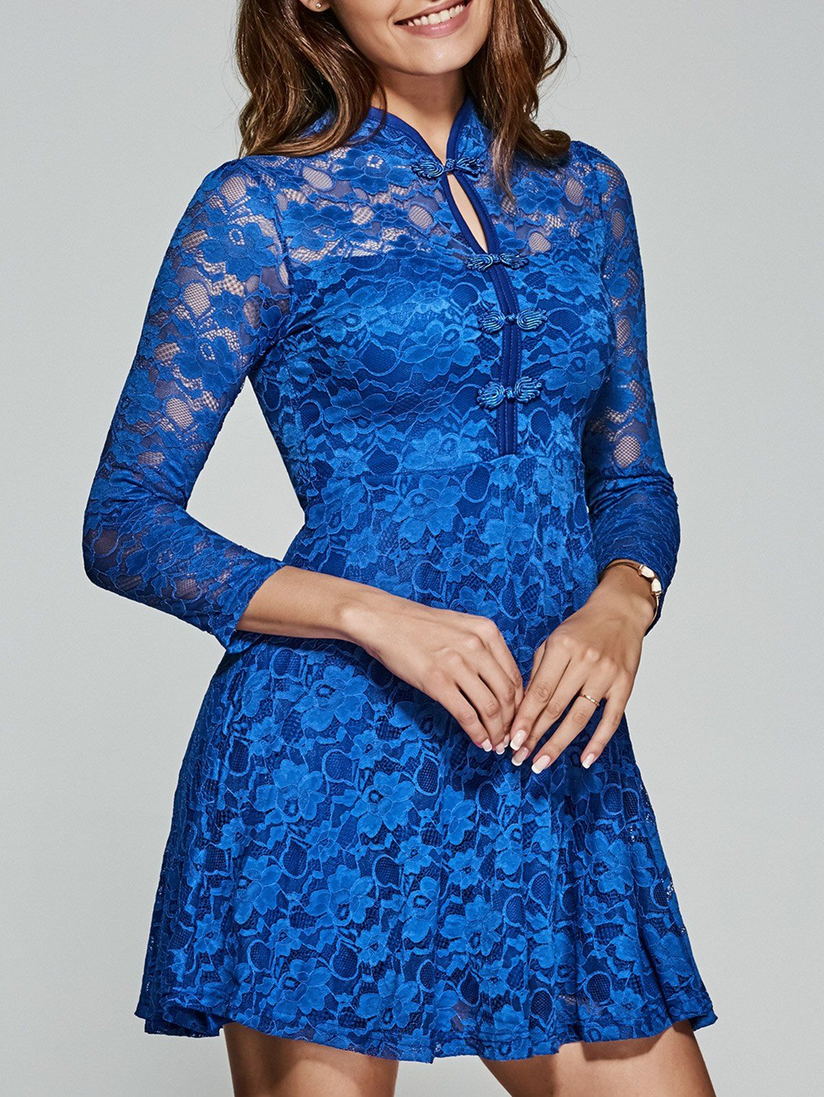 

Hollow Out Frog Button Lace Dress, Blue