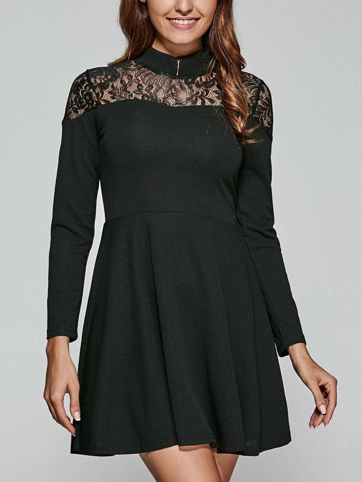 

Lace Spliced Swing Dress, Black