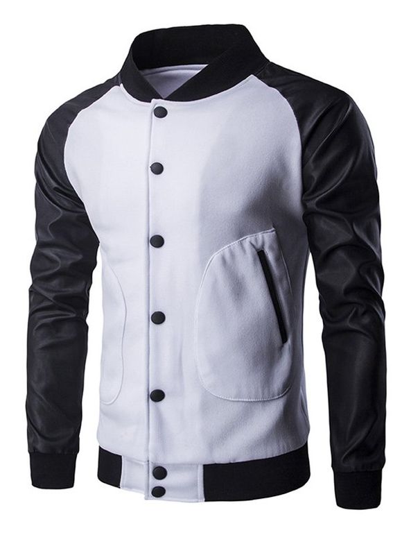 PU Insert en cuir Button Jacket Up Raglan Sleeve - Blanc L