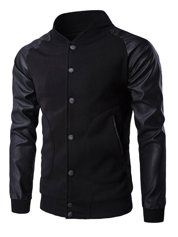 PU Insert en cuir Button Jacket Up Raglan Sleeve - Noir 2XL