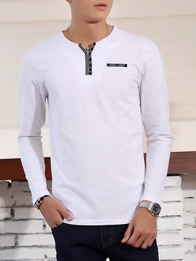 

Long Sleeve Slimming Button Design T-Shirt, White