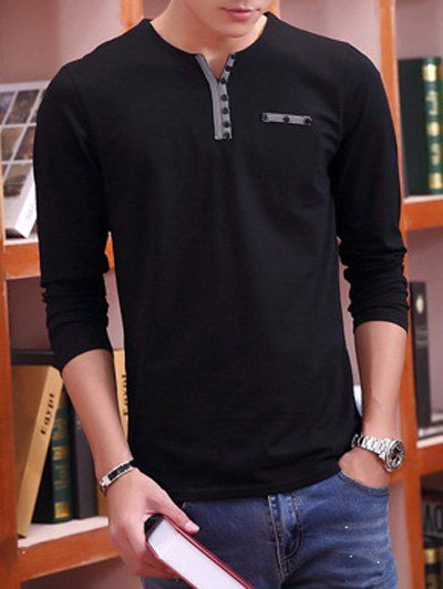 

Long Sleeve Slimming Button Design T-Shirt, Black