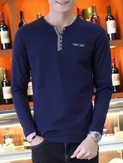 

Long Sleeve Slimming Button Design T-Shirt, Sapphire blue
