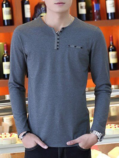 

Long Sleeve Slimming Button Design T-Shirt, Deep gray
