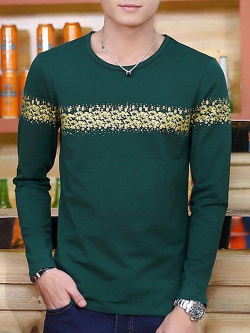 

Abstract Printed Slimming Long Sleeve T-Shirt, Blackish green