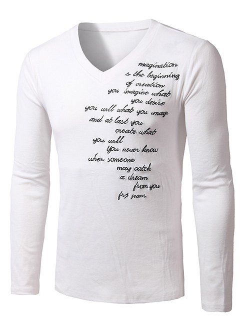 Manches longues col V Lettre brodé T-shirt - Blanc XL