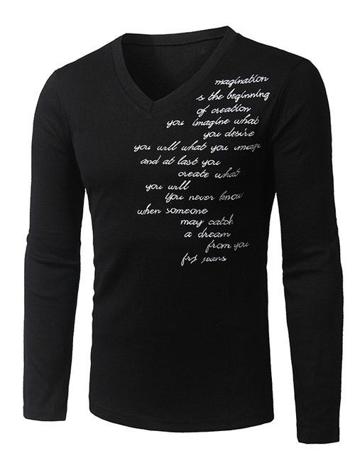 

Long Sleeve V-Neck Letter Embroidered T-Shirt, Black