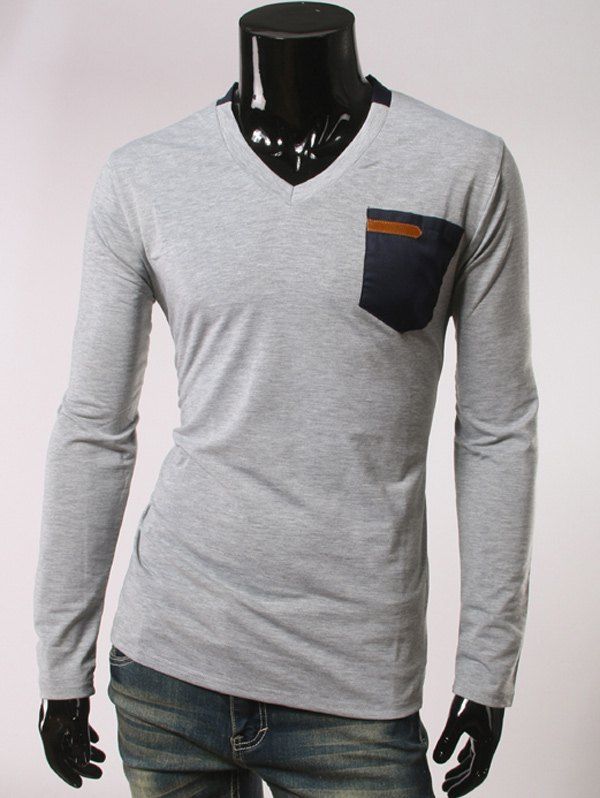 

Pcoket Embellished Long Sleeve V Neck T-Shirt, Gray