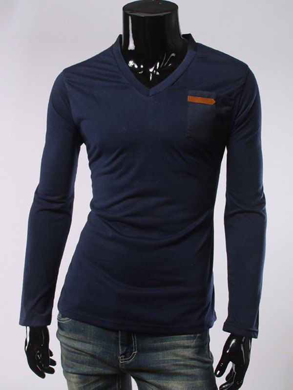 

Pcoket Embellished Long Sleeve V Neck T-Shirt, Cadetblue