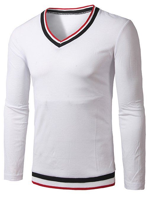 

Stripes Pattern Rib Splicing Long Sleeve T-Shirt, White
