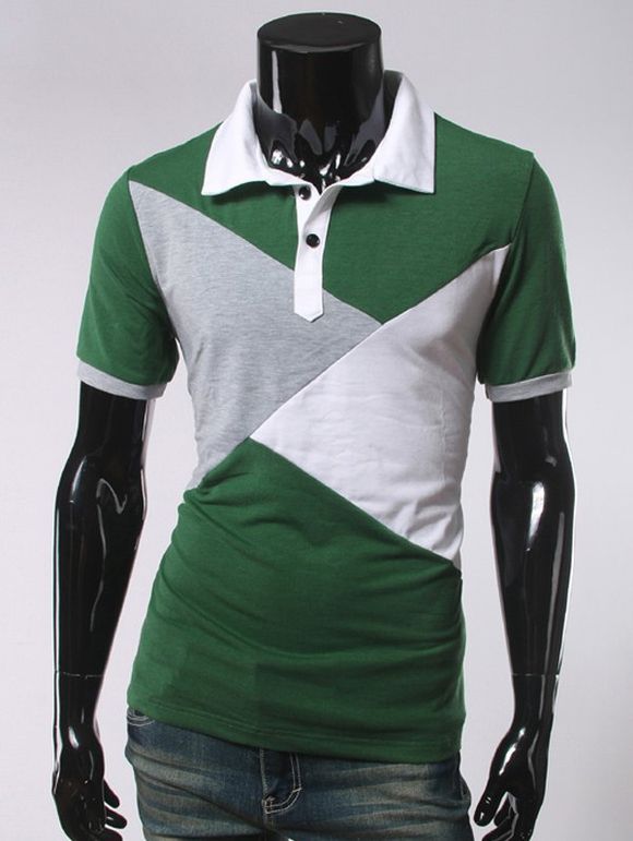 Minceur Couleur Splicing manches courtes Polo T-Shirt - Vert 2XL