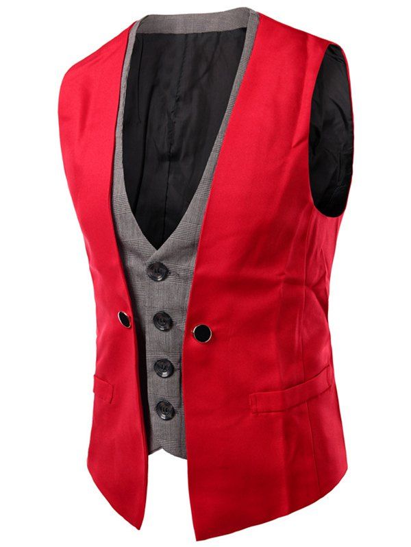 

Buckled Plaid Insert Single Breasted Waistcoat, Red