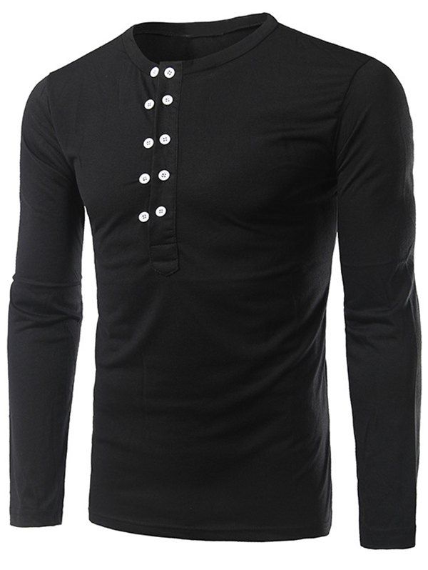 

Button Up Long Sleeve Henley Shirt, Black