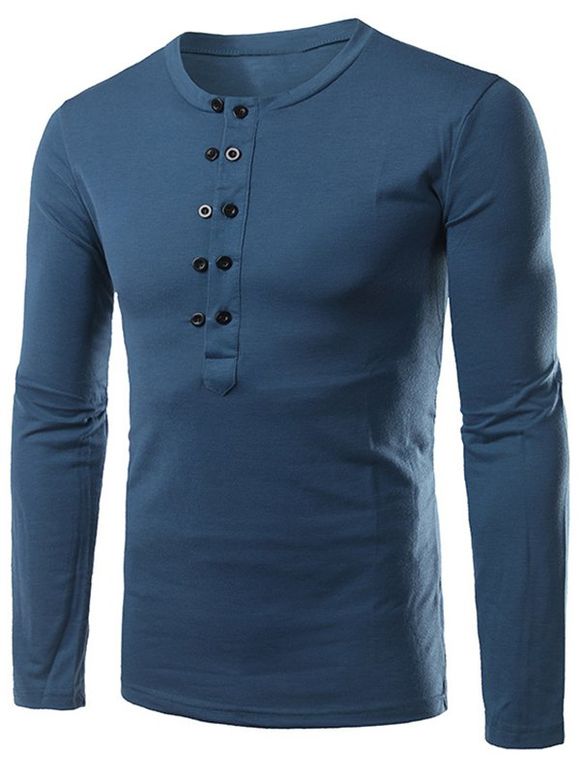 Button Up Long Sleeve Henley Shirt - Bleu 2XL