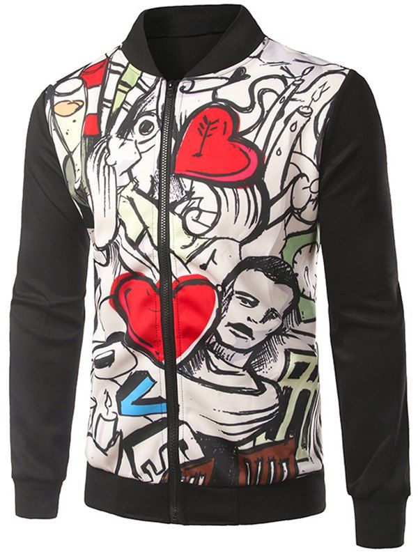 

Rib Inset Heart Print Zip Up Jacket, Black