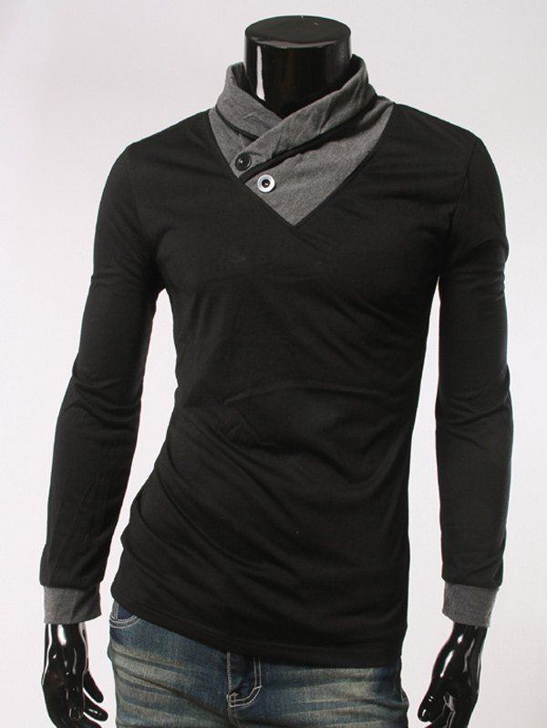 

Slimming Single Button Embellished Long Sleeve T-Shirt, Black