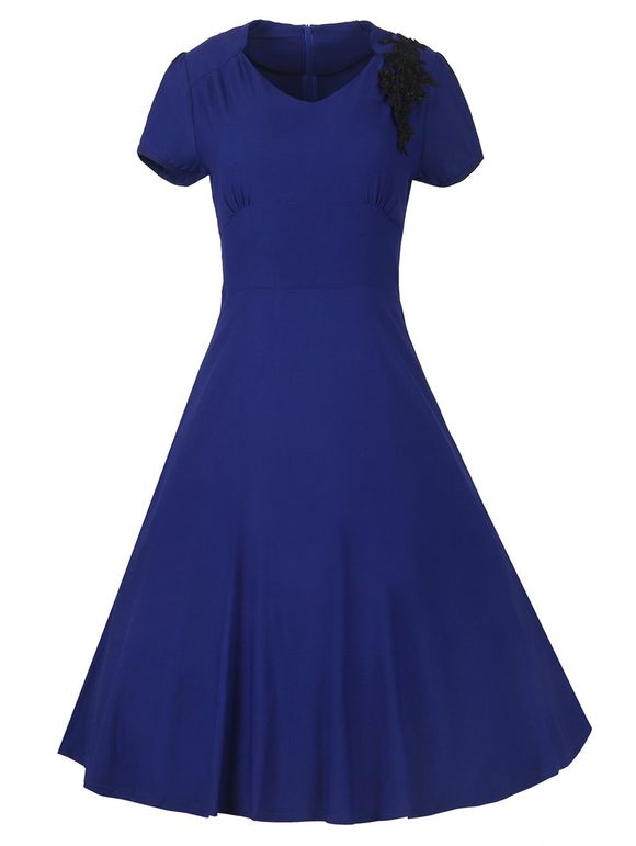 Robe de Taille Haute Vintage Zippée Brodée - Bleu Saphir L